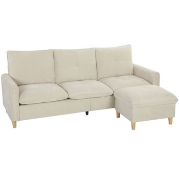 HOMCOM Sofá 3 plazas con pouf de almacenaje, sofá modular en esquina 210 cm, asiento amplio, tejido efecto lino, crema
