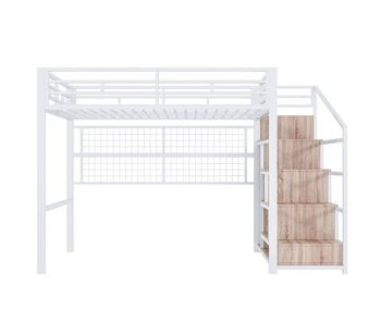 Cama alta 140x200cm - estructura metálica, armario, escalera con almacenamiento, rejilla para colgar objetos, espacio libre debajo, luces led multicolores - blanco