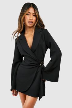 Vestido Americana Entallado Con Atadura En La Cintura Y Hebilla, Negro