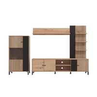 mueble de salon avion de tablero de melamina aglomerado y acabado en roble con frentes en color negro 167x263x40 cm