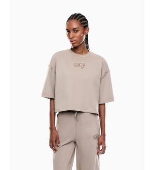 EA7 para mujer. 7W000970_AF20758 Camiseta de mezcla de algodón Logo Series beige (L), Casual, Manga larga