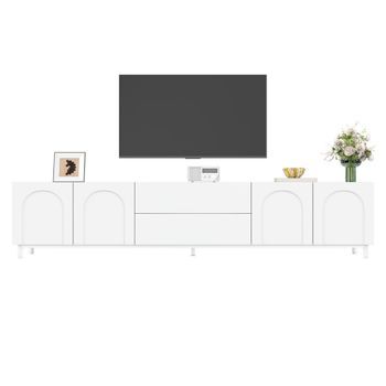 Mueble Tv Blanco De 180 Cm Con Cuatro Puertas, Dos Cajones Y Patas De Acero
