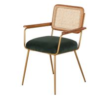 silla de comedor de terciopelo verde y rejilla de ratan