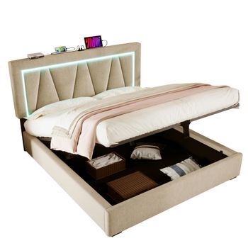 Cama Con Canapé 160 X 200 Cm - Usb + Tipo C + Leds - Tejido De Lino - Beige + Colchón
