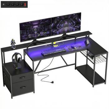 Escritorio Gaming En L De Madera Y Acero, 192,5 X 80 X 86,5 Cm – Negro