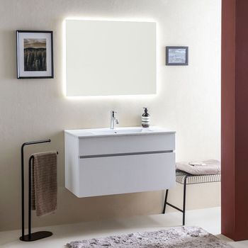 Composición Baño Suspendido Cm 90 Acabado Blanco Efecto Madera Completo De Lavabo Y Espejo Retroiluminado | Sole