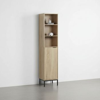 Estantería De Baño 5 Niveles 30×30×160 Cm, Mueble De Madera Y Metal Con Compartimentos Abiertos Y Puerta