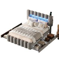 cama 140 x 200 cm con 4 cajones - leds y usb - terciopelo - gris