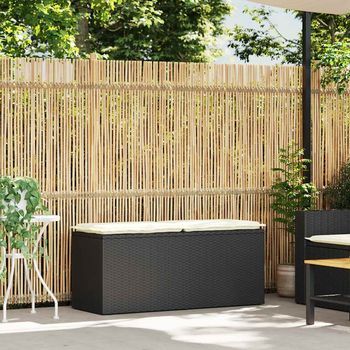Banco De Jardín | Banco Exterior Con Cojín Ratán Sintético Negro 110x40x44 Cm
