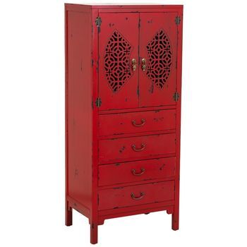 Armario De Madera Con 4 Cajones Y 2 Puertas Rojo 60x40x140h Cm