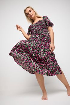 Yours Vestido Midaxi Rosa Y Negro Floral Cuerpo Fruncido, Mujer Curvy Y Tallas Grandes, Yours