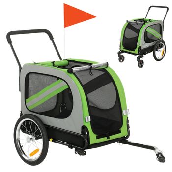 PawHut Remolque de Bicicleta para Perros 2 en 1 Carrito para Mascotas Plegable con Cinturón de Seguridad Reflectores Verde   Aosom España