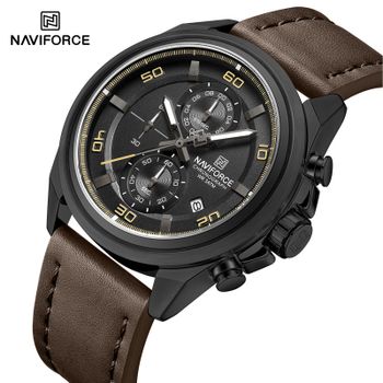 Reloj de pulsera cronógrafo NAVIFORCE para hombre, con movimiento de cuarzo, indicador de fecha, resistente al agua hasta 30 metros, correa de cuero genuino, diseño moderno y elegante.