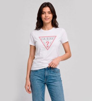 Guess para mujer. W6YI54K4870 Camiseta Logo Original Hotfix Blanco (S), Casual, Algodón, Manga corta