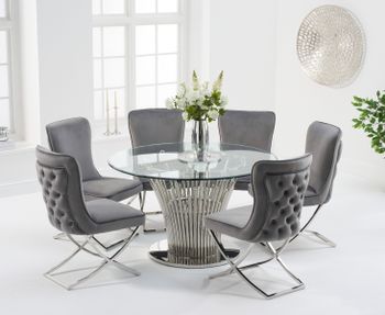 Hans Round 130cm Glass Table With Giovanni Velvet Chairs - Grey, 4 Chairs