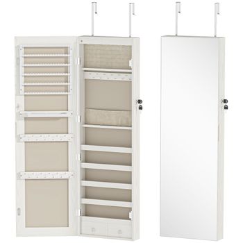 HOMCOM Espejo Joyero con Luz LED Armario Joyero Montado en la Pared o en la Puerta con Cerradura Espejo Entero Blanco