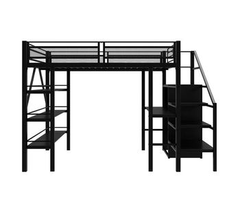 Cama alta 140*200 cm - estante de tres niveles, escritorio, armario, escalera de seguridad con espacio de almacenamiento, diseño de cerca alto, cama de hierro, cama individual - negra