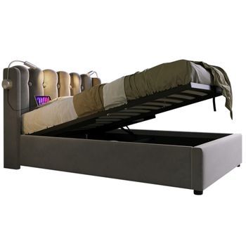 Cama Individual 90x200 Cm Con Lámpara De Lectura Y Puerto Usb, Estructura De Hierro Con Latón De Madera Sólida, Caja De Almacenamiento Con Resorte De Gas, Tela De Seda Gris, Sin Colchón