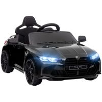 aiyaplay coche de bateria para ninos 12v bmw m4 con mando a distancia faros bocina musica velocidad 3-5 kmh negro