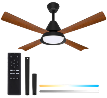 Ventilador de Techo con Luz, 52 Pulgadas, 4 Aspas, 6 Velocidades, Negro