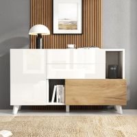 aparador efecto madera y blanco brillo con 2 nichos y 2 cajones