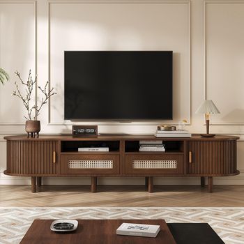 Sweiko Mueble Tv Oval 170x40x40 Cm 2 Cajones Rotin 2 Puertas Correderas Compatible 70 Pulgadas Nogal