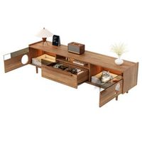 mueble de tv con iluminacion led zona de descanso para gatos puertas de cristal reforzado con acero en nogal