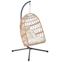 sillon colgante boho de ratan sintetico cadena y soporte de metal cojin mullido silla natural montalcino