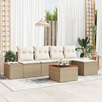Juego De Sofás De Jardín De 6 Piezas Con Cojines Beige De Ratán Polimérico Y Acacia V0601 Unico / Beige