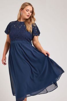 Yours London Vestido Azul Marino Midi Con Cuerpo De Encaje, Mujer Curvy Y Tallas Grandes, Yours London