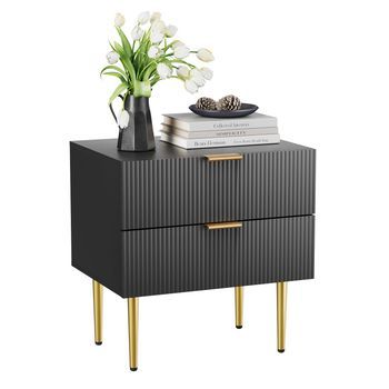 Mesita De Noche Negra Con 2 Cajones Para Dormitorio, Madera Mdf Y Patas De Metal