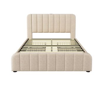 Cama tapizada 160x200 cm - cabezal acolchado con franjas doradas, función de carga usb tipo-c, 4 cajones - beige