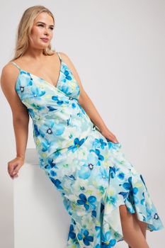 Yours London Vestido Azul Floral Con Tirantes Y Volantes, Mujer Curvy Y Tallas Grandes, Yours London