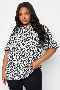 Yours Túnica Negra Floral Manga Con Volante, Mujer Curvy Y Tallas Grandes, Yours
