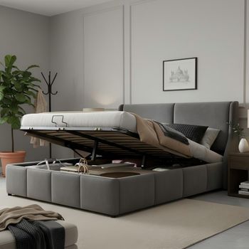 Cama Tapizada Doble Con Cabecera En Forma De Oreja Y Cofre Hidráulico 140x190 Gris