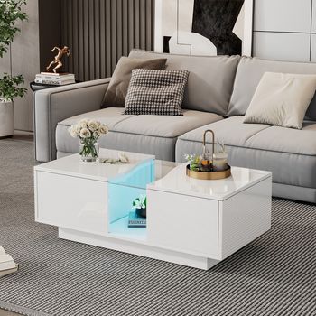 Mesa De Centro Led Blanca De 100 X 50 X 35 Cm, Mdf De Alto Brillo Y Dos Cajones