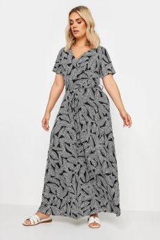 Yours Vestido Largo Negro De Hojas Con Escote Cruzado, Mujer Curvy Y Tallas Grandes, Yours