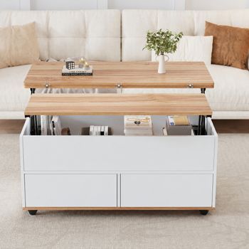 Mesa De Centro Elevable Hidráulica 100 X 98 X 65 Cm Con Almacenamiento, Ruedas Y Cajones