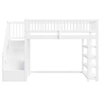 cama alta de madera maciza 90x200 cm - diseno de seguridad con barandilla alta armario estantes y espacio de almacenamiento con escalera segura - blanco