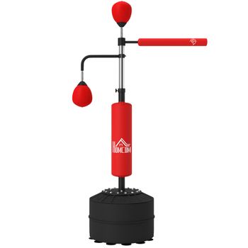 HOMCOM Saco de Boxeo de Pie Ajustable en Altura con Barra Giratoria de 360° 2 Bolas y Base Rellenable 88x50x160-230 cm Rojo