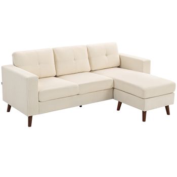 HOMCOM Sofá Chaise Longue Reversible de 3 Plazas Tapizado en Pana Marco de Acero para Espacios Reducidos Crema   Aosom España