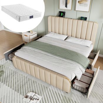 Cama Tapizada Doble, Cabecera Acolchada, Ribetes Dorados, Usb-c, 4 Cajones, 160x200, Lino Beige, Con Colchón