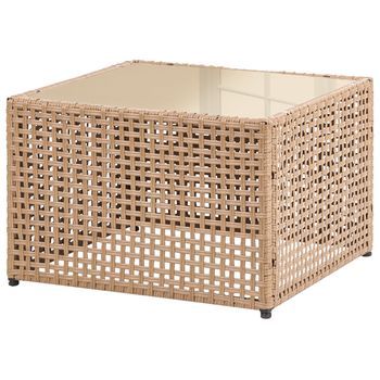 Mesa De Centro Tablero De Vidrio Estructura De Ratán Sintético Diseño Moderno Para Jardín 66 X 66 Cm Beige Omegana