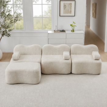 Sofá Modular Beige De 3 Plazas En Forma De L Con Puf Y Espuma 32d
