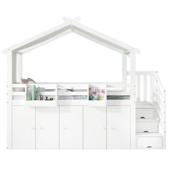 Cama Alta 90 X 200 Cm - Con Barra De Seguridad - Cama Infantil Con 1 Armario - Pino - Blanco
