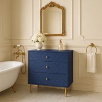 mueble de bano azul marino de 3 cajones con patas doradas