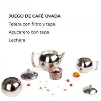 juego de te de acero inoxidable 3 piezas ovada 1 tetera 1 cremera 1 azucarero 1 filtro de te extraible diseno moderno