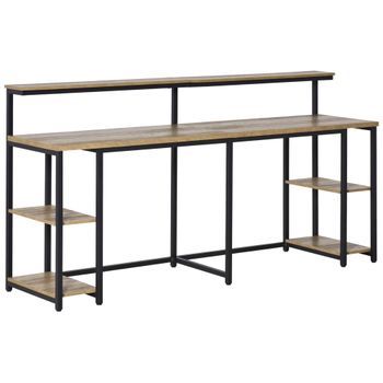 Escritorio Doble Para Dos Personas Con Repisa Elevada Para Monitor, Metal Y Mdf, 200 X 53 X 100 Cm – Negro Y Marrón