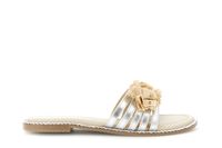sandalias tipo zapatilla con tiras de piel laminada y accesorio de rafia silver