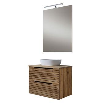 Kibath Mueble De Baño Con Lavabo, Espejo Y Aplique Led Ken 60x45 Cm Sobre Encimera Acabado Desierto Mate 2 Cajones Suspendido